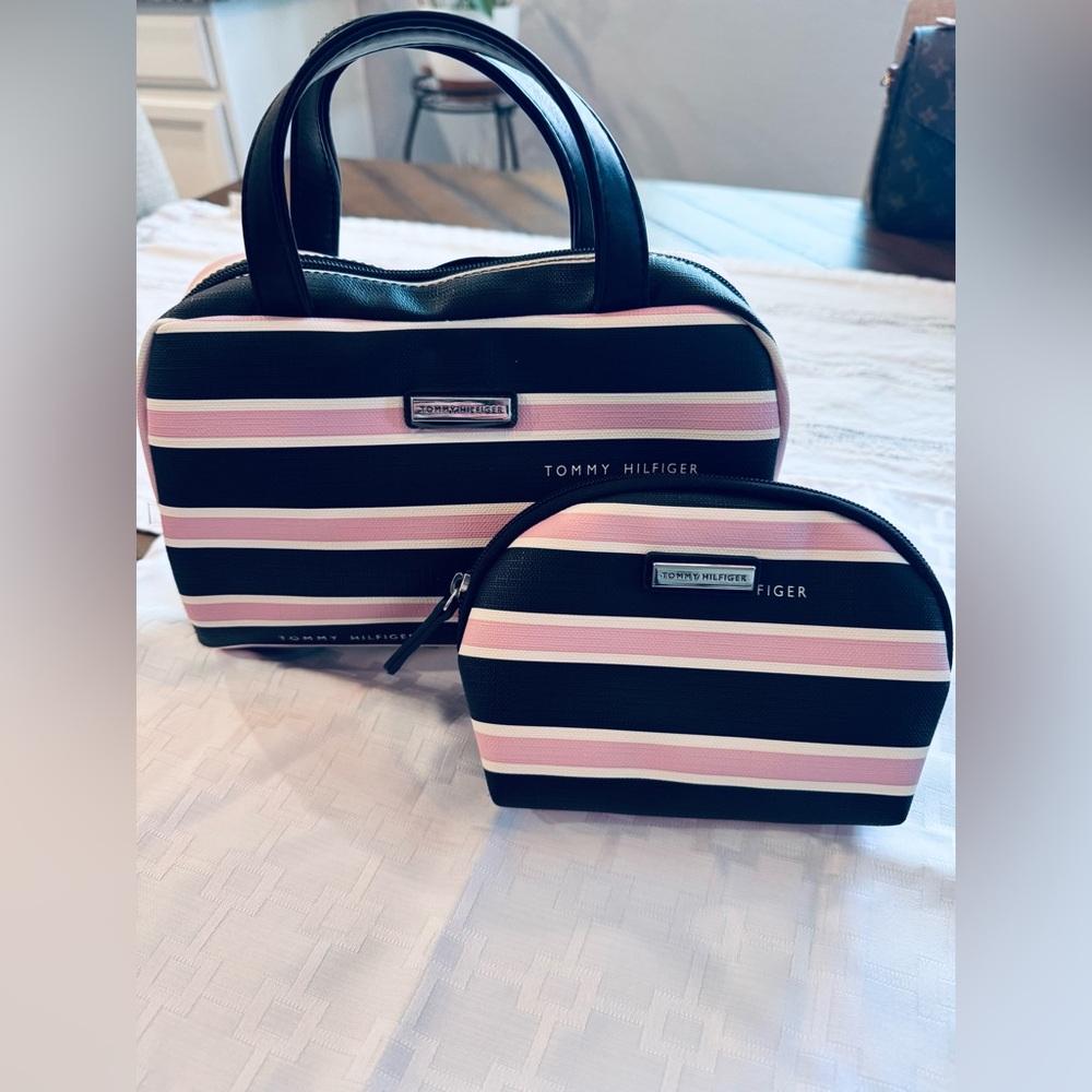Tommy Hilfiger Black and Pink Striped Cosmetic Bag Set